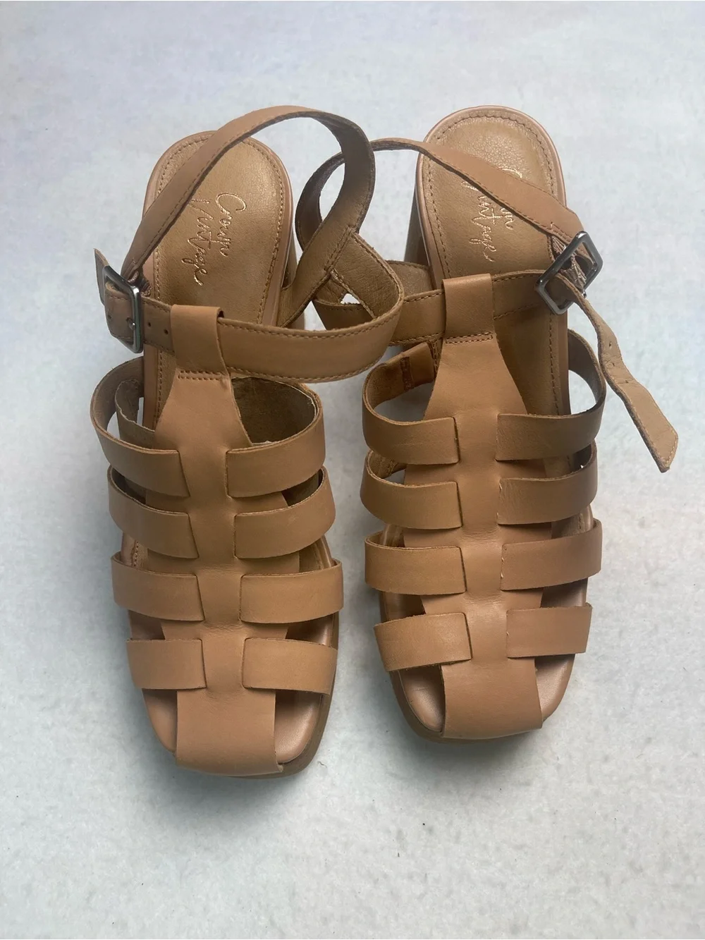 Crown Vintage Tan Strappy Platform Block Heel Sandals